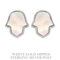 .925 STERLING SILVER POST GOLD PLATED OPAL CRYSTAL HAMSA STUD EARRINGS IN WHITE AND YELLOW GOLD PLATTING