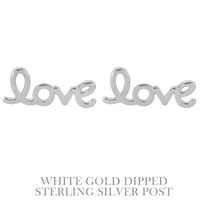 .925 STERLING SILVER POST GOLD PLATED LOVE STUD EARRINGS IN YELLOW GOLD AND WHITE GOLD PLATTING