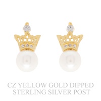 GOLD PLATED CZ PAVE ROYAL CROWN PEARL EARRINGS
