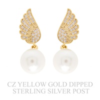 GOLD PLATED CZ PAVE PEARL WING DROP EARRINGS