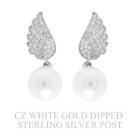 GOLD PLATED CZ PAVE PEARL WING DROP EARRINGS