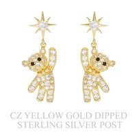 GOLD PLATED CZ PAVE TEDDY BEAR DROP EARRINGS
