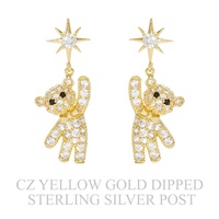 GOLD PLATED CZ PAVE TEDDY BEAR DROP EARRINGS