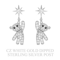 GOLD PLATED CZ PAVE TEDDY BEAR DROP EARRINGS