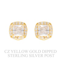 GOLD PLATED CZ PAVE SQUARE CUT HALO STUD EARRINGS