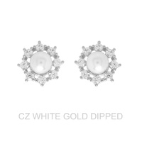 GOLD DIPPED CZ PEARL HALO DROP EARRINGS