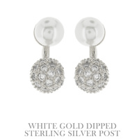 DOUBLE BALL GOLD DIPPED CUBIC ZIRCONIA PAVE SYNTHETIC PEARL STERLING SILVER POST EAR JACKET EARRINGS