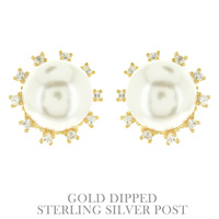 GOLD DIPPED CUBIC ZIRCONIA & SYNTHETIC PEARL SUNBURST HALO STERLING SILVER POST DROP EARRINGS