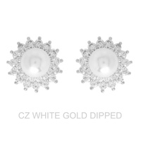 GOLD DIPPED CZ PEARL SUNBURST HALO DROP EARRINGS