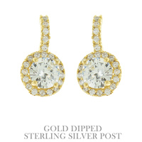 GOLD DIPPED CUBIC ZIRCONIA SOLITAIRE STERLING SILVER POST DROP EARRINGS