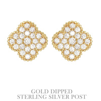 CUBIC ZIRCONIA .925 STERLING SILVER POST GOLD PLATED QUATREFOIL SHAPED STUD EARRINGS IN YELLOW GOLD AND WHITE PLATTING