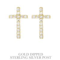 CUBIC ZIRCONIA .925 STERLING SILVER POST GOLD PLATED CROSS SHAPED STUD EARRINGS IN YELLOW GOLD PLATTING