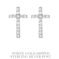CUBIC ZIRCONIA .925 STERLING SILVER POST GOLD PLATED CROSS SHAPED STUD EARRINGS IN YELLOW GOLD PLATTING