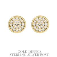 CUBIC ZIRCONIA .925 STERLING SILVER POST GOLD PLATED DISC STUD EARRINGS IN YELLOW GOLD AND WHITE GOLD PLATTING