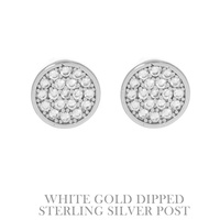 CUBIC ZIRCONIA .925 STERLING SILVER POST GOLD PLATED DISC STUD EARRINGS IN YELLOW GOLD AND WHITE GOLD PLATTING