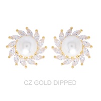 GOLD DIPPED CZ PEARL SPIRAL HALO DROP EARRINGS