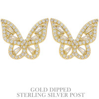 CUBIC ZIRCONIA .925 STERLING SILVER POST GOLD PLATED BUTTERFLY SHAPED STUD EARRINGS IN YELLOW GOLD AND WHITE GOLD PLATTING