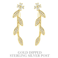GOLD DIPPED CUBIC ZIRCONIA LINEAR LEAF STERLING SILVER POST CRAWLER EARRINGS