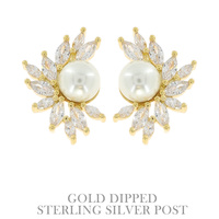 CUBIC ZIRCONIA .925 STERLING SILVER POST GOLD PLATED MARQUISE CLUSTER PEARL STUD EARRINGS IN YELLOW GOLD AND WHITE GOLD PLATTING