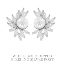 CUBIC ZIRCONIA .925 STERLING SILVER POST GOLD PLATED MARQUISE CLUSTER PEARL STUD EARRINGS IN YELLOW GOLD AND WHITE GOLD PLATTING