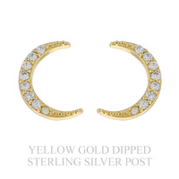.925 STERLING SILVER POST CUBIC ZIRCONIA PAVE MOON CRESCENT GOLD DIPPED STUD EARRINGS