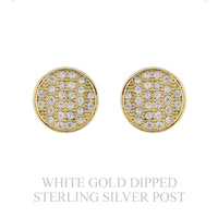 .925 STERLING SILVER POST CUBIC ZIRCONIA PAVE DISC GOLD DIPPED STUD EARRINGS