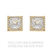 .925 STERLING SILVER POST CUBIC ZIRCONIA SQUARE HALO GOLD DIPPED STUD EARRINGS