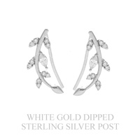 .925 STERLING SILVER POST CUBIC ZIRCONIA GOLD DIPPED VINE LEAVES CRAWLER EARRINGS