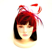 Kh2713Rp Red Hatter Feather Headband Fascinator With Netting