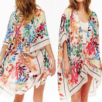 FLORAL TRANSLUCENT WOMEN'S COVER-UP KIMONO WITH CONTRAST TRIM