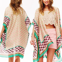 ABSTRACT GEOMETRIC PATTERN TRANSLUCENT WOMEN'S COVER-UP KIMONO WITH CONTRAST TRIM