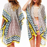 ABSTRACT GEOMETRIC PATTERN TRANSLUCENT WOMEN'S COVER-UP KIMONO WITH CONTRAST TRIM