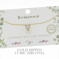 SYNTHETIC PEARL CUBIC ZIRCONIA BRIDESMAIDS ADJUSTABLE CHAIN NECKLACE IN YELLOW GOLD AND WHITE GOLD PLATING