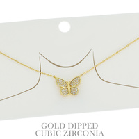 15" GOLD PLATED CUBIC ZIRCONIA PAVE ADJUSTABLE BUTTERFLY PENDANT NECKLACE IN WHITE AND YELLOW GOLD PLATTING