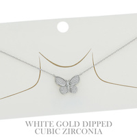 15" GOLD PLATED CUBIC ZIRCONIA PAVE ADJUSTABLE BUTTERFLY PENDANT NECKLACE IN WHITE AND YELLOW GOLD PLATTING
