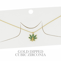 CUBIC ZIRCONIA MARIJUANA LEAF ADJUSTABLE CHAIN NECKLACE IN YELLOW GOLD AND WHITE GOLD PLATING