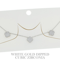 15" GOLD PLATED CUBIC ZIRCONIA PAVE ADJUSTABLE QUATREFOIL PENDANT NECKLACE IN WHITE AND YELLOW GOLD PLATTING