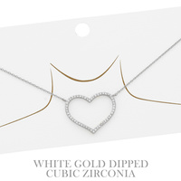 15" GOLD PLATED CUBIC ZIRCONIA PAVE ADJUSTABLE OPEN HEART PENDANT NECKLACE IN WHITE AND YELLOW GOLD PLATTING