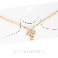 WOMEN'S GOLD DIPPED CZ PEARL CROSS NECKLACE