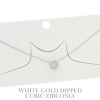 15" GOLD PLATED CUBIC ZIRCONIA PAVE ADJUSTABLE DISC PENDANT NECKLACE IN WHITE AND YELLOW GOLD PLATTING