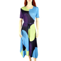 COOL COLOR PRINT SHORT-SLEEVE PLEATED MIDI DRESS