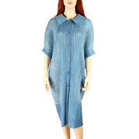 PLEATED LAPEL BUTTON-UP BLUE MIDI SHIRTDRESS
