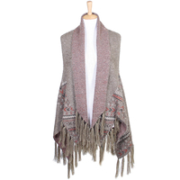 Multi Pattern Knit Fashion Shawl Vest With Tassels Lof359Taupe