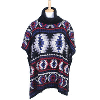 Aztec Pattern Fuzzy Knit Fashion Poncho Lof362Black