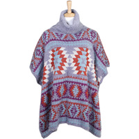 Aztec Pattern Fuzzy Knit Fashion Poncho Lof362Grey