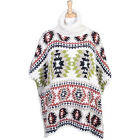 Aztec Pattern Fuzzy Knit Fashion Poncho Lof362Ivory