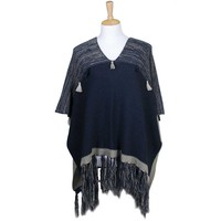 Colorblock Knit Fashion Poncho With Tassels Lof387Navy