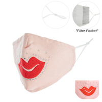 LIPS & RHINESTONE FASHION MASK W/ FILTER POCKET &  ADJUSTABLE ELASTIC EAR STRAP