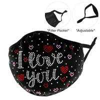 I LOVE YOU WITH HEART RHINESTONE BLING MASK W/ FILTER POCKET & ADJUSTABLE ELASTIC EAR STRAP