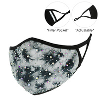 RHINESTONE TIE DYE PRINT FACE MASK W/ FILTER POCKET & ADJUSTABLE ELASTIC EAR STRAP
